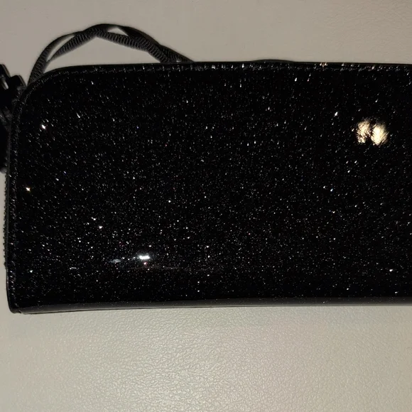 Kate Spade Black Glitter Space Invaders Wallet with Purple Zipper Pull